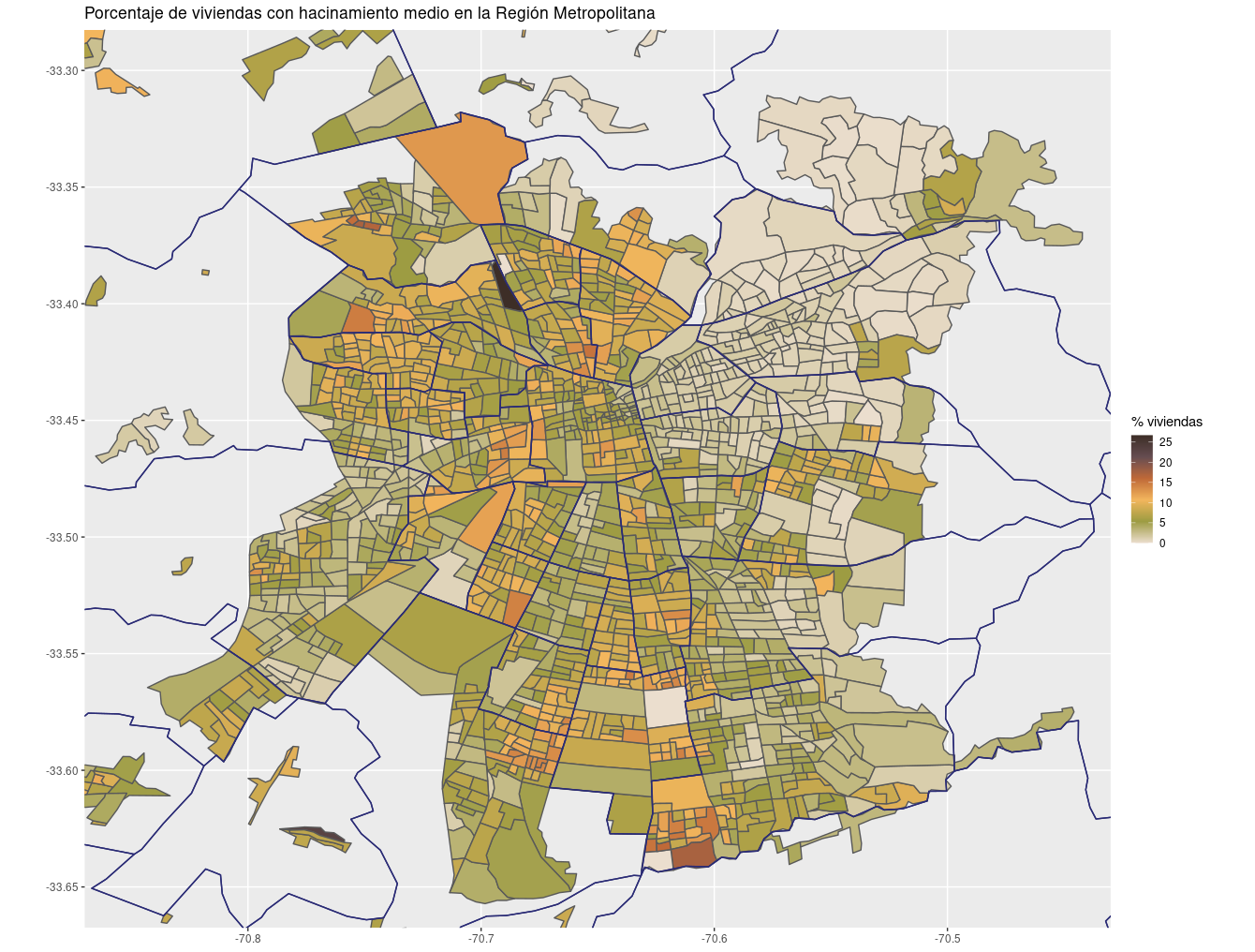 Mapa de la Región Metropolitana con polígonos que representan los barrios y coloreados según el grado de hacinamiento