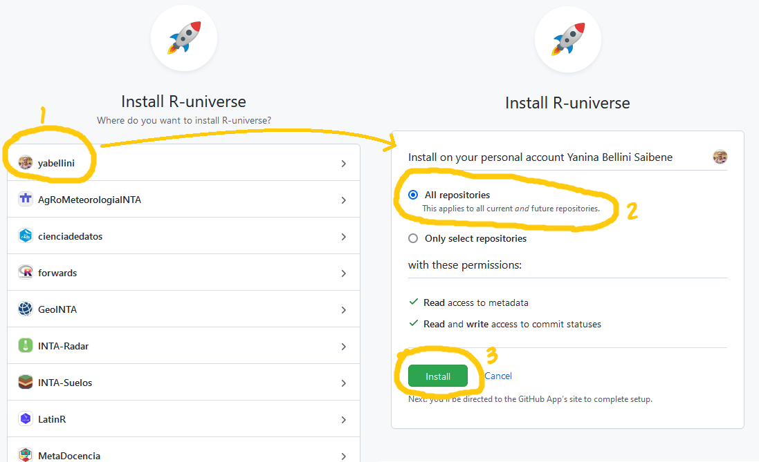 Primero la ventana ¿dónde queres instalar r-universe? con el listado de mi cuenta de github y organizaciones de las que soy parte, luego la ventana instalar en cuenta personal con la opción todos los repositorios seleccionada y el botón Siguiente resaltado.