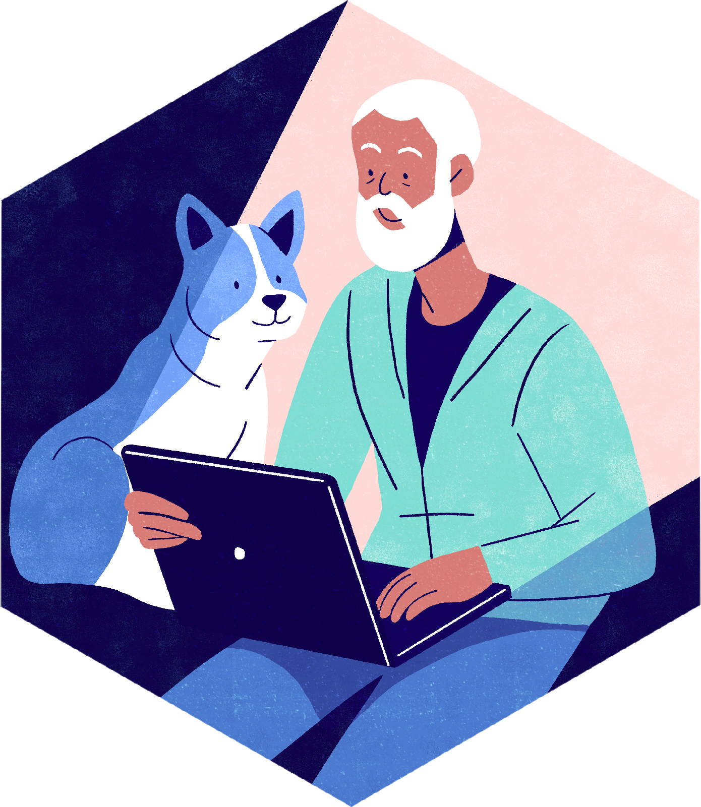Person working at their laptop with a dog. Lydia Hill Illustration. All rights reserved.