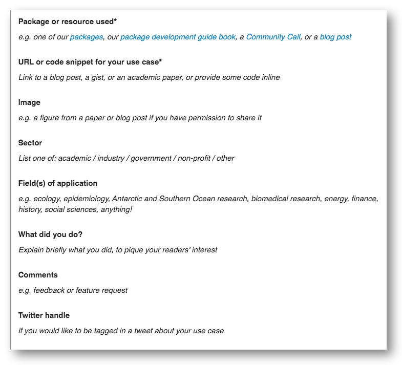 screenshot of use cases template with list of fields. List can be found by opening new topic at https://discuss.ropensci.org/c/usecases